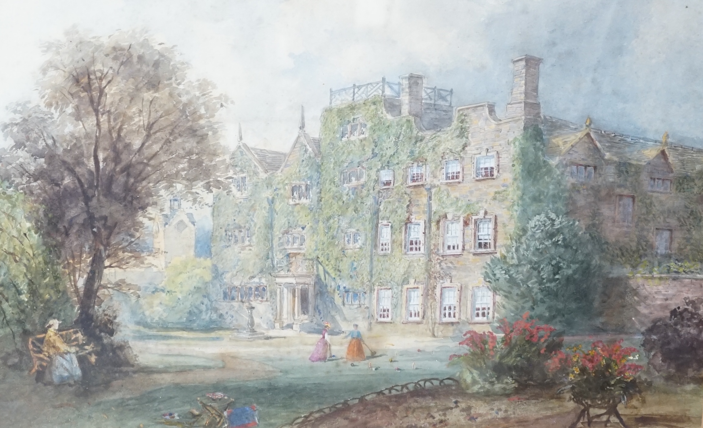 Attributed to Peter De Wint (1784-1849), watercolour, 'Marple Hall', unsigned, inscribed to the mount, 30 x 44cm. Condition - poor, discolouration and foxing, especially to the sky area